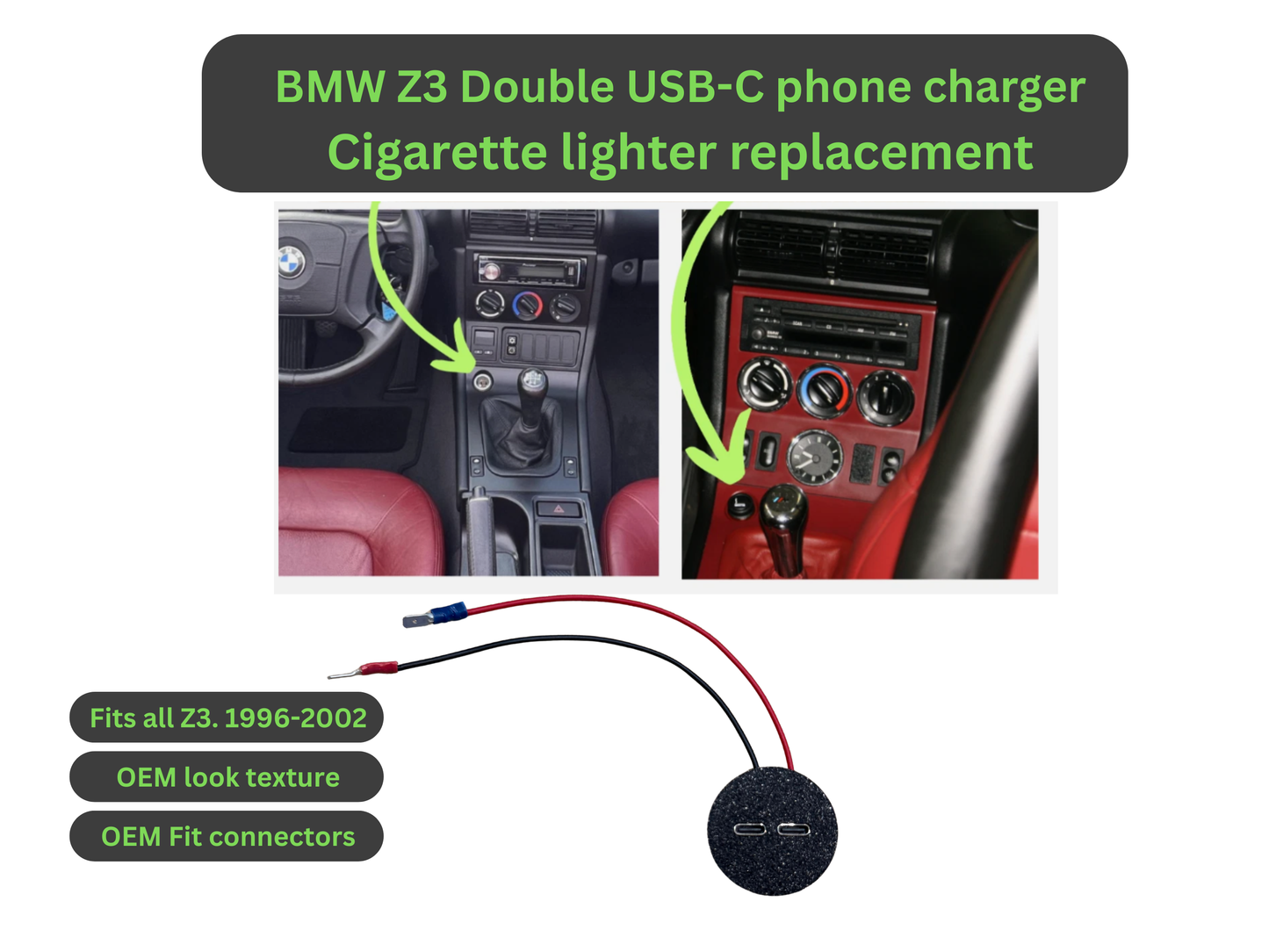 BMW Z3 Dual USB-C Fast Charger – Cigarette Lighter Replacement (1996–2002)