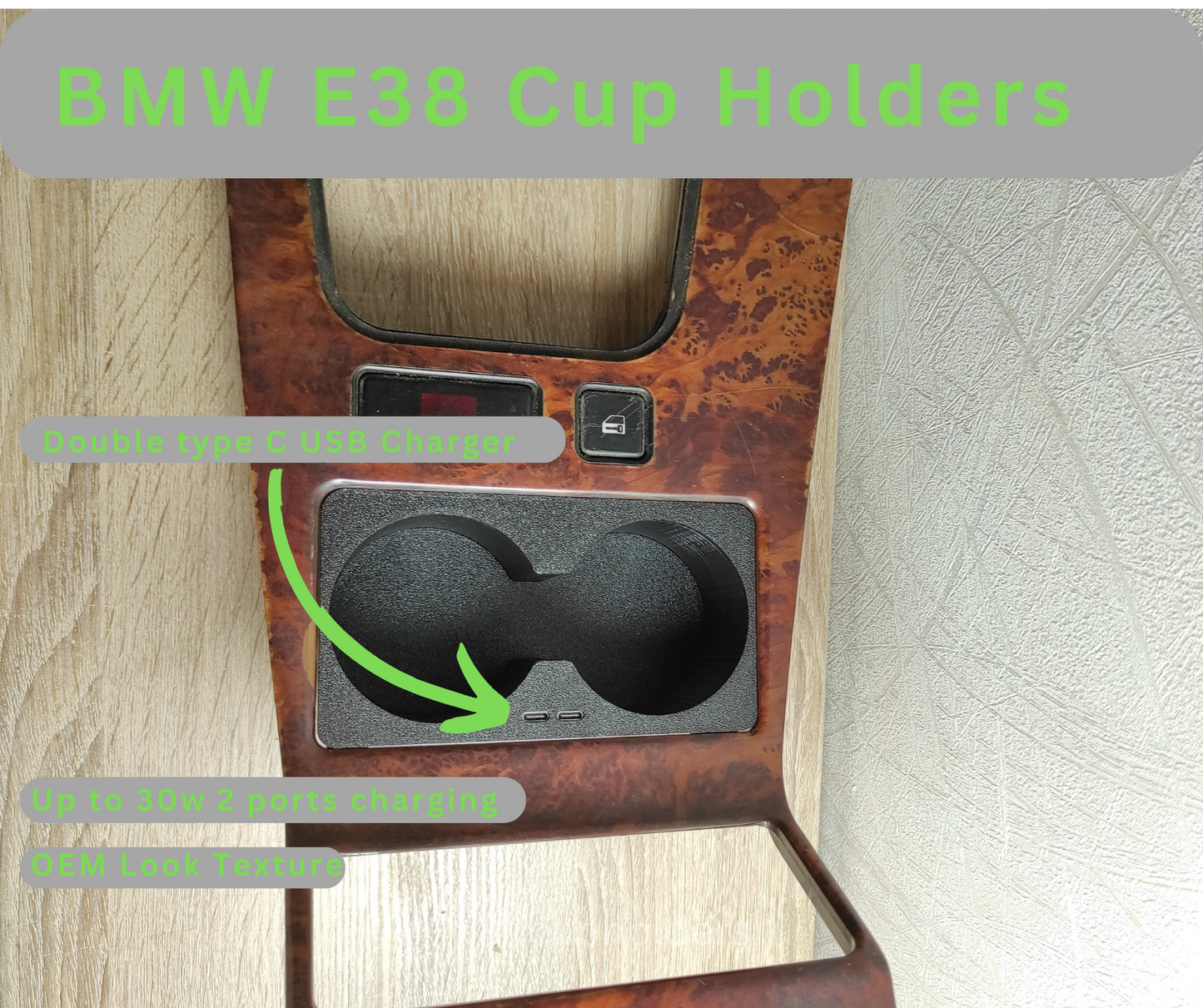 BMW E38 Cup Holders with Double USB-C Charger