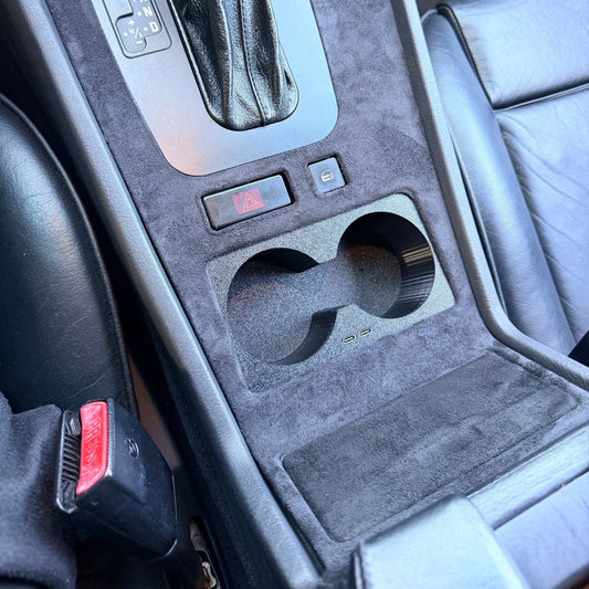 BMW E38 cup holders with integrated USB-C chargers installed