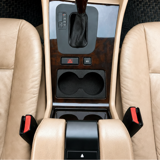 BMW E38 7 Series beige interior with 3D printed cup holders replacing OEM ashtray