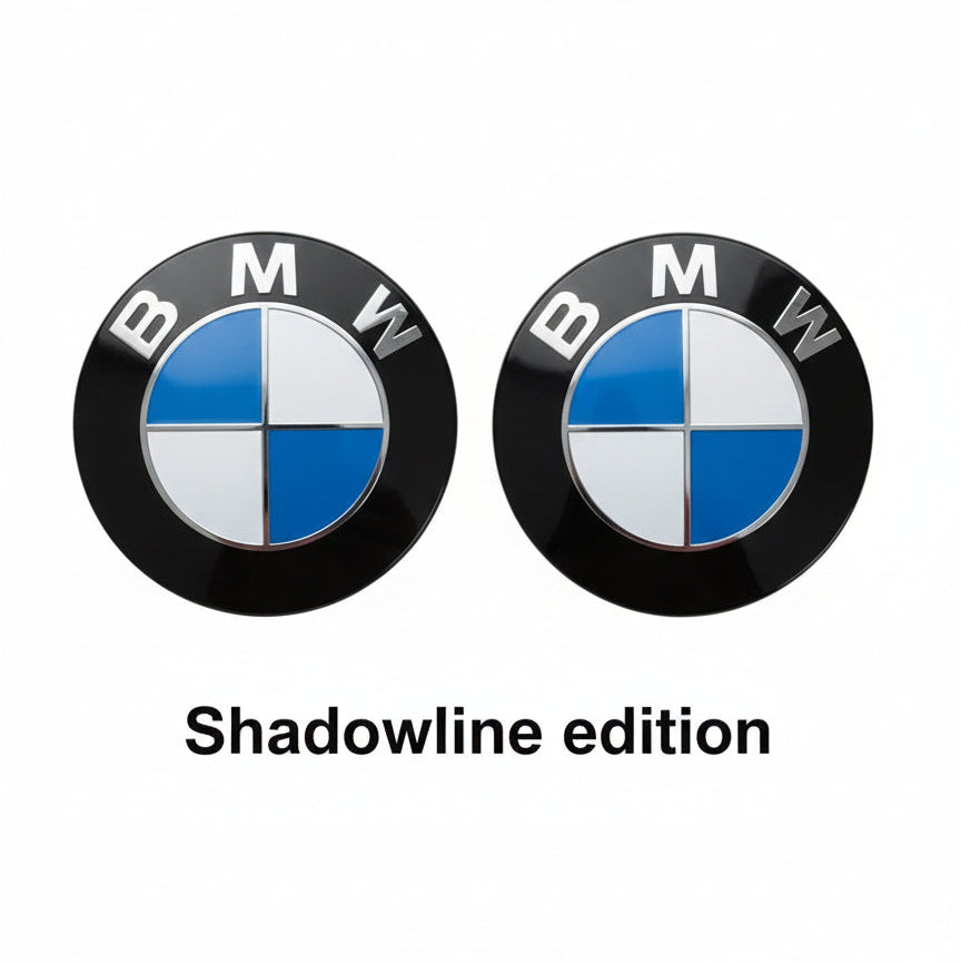 BMW Shadowline 82mm front and 74mm rear emblem badges with matte black finish