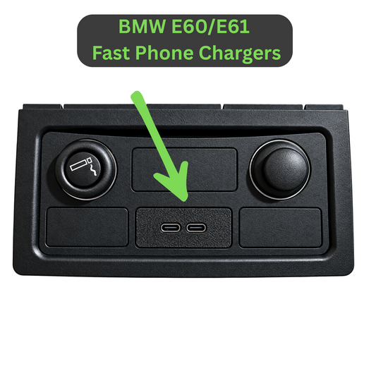 Black BMW E60/E61 fast phone charger panel with two USB-C ports and a green arrow pointing to the center charging port area, with a text label at the top.