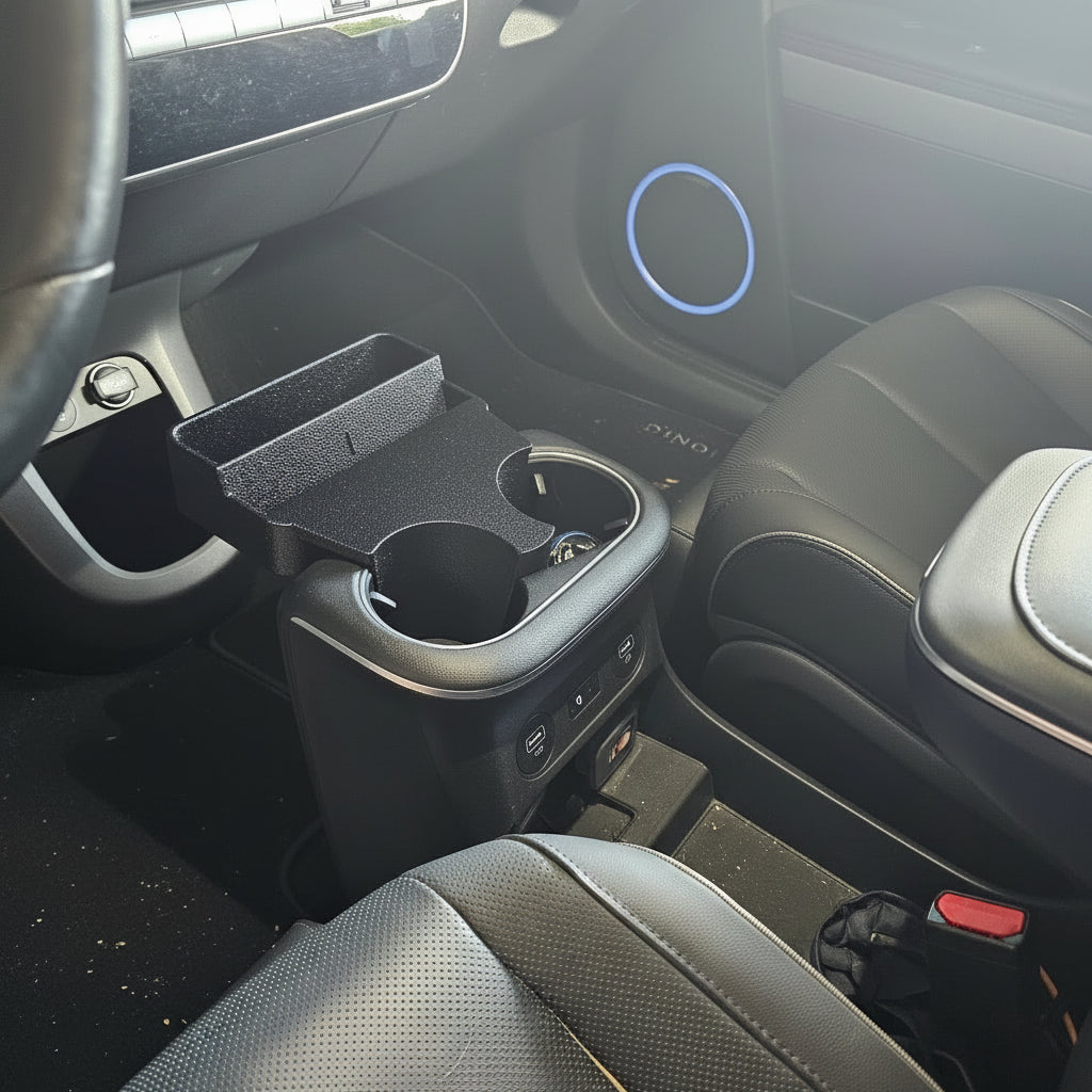 Hyundai Ioniq 5 cup holder organizer with phone standing upright in portrait mode