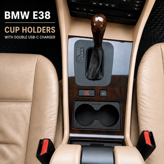 BMW E38 car interior with cup holders and double USB-C charger